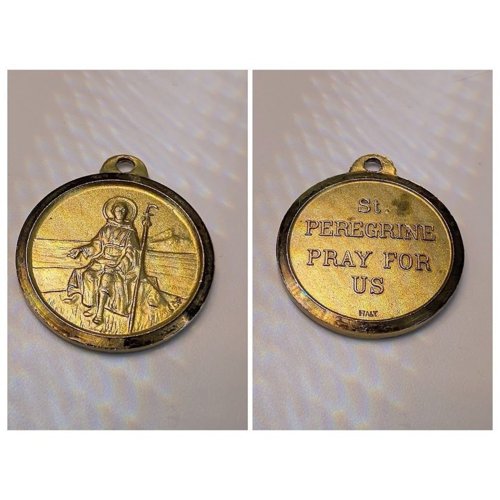 Signed Italy St Peregrine Medal Pendant Gold Tone Patron Saint Cancer Healing